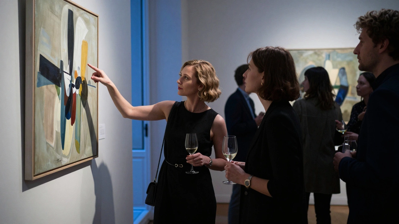A poised woman listens attentively to a client at an art gallery opening in Paris.
