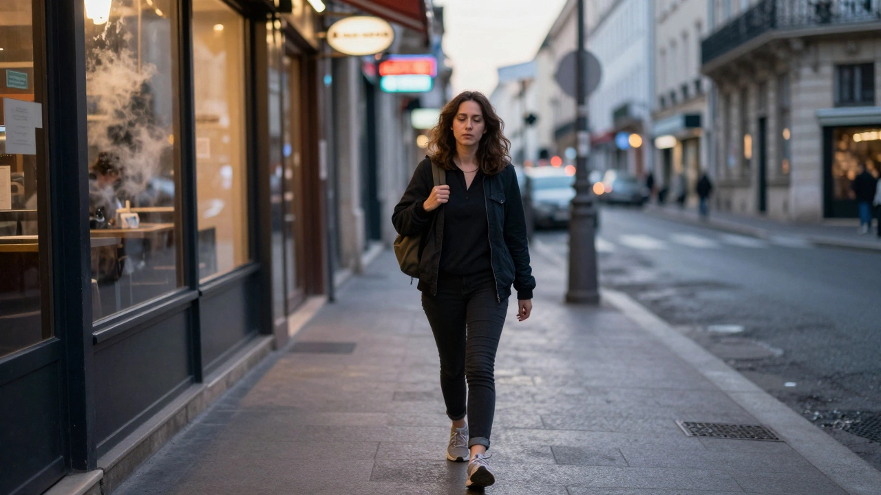 A woman walks alone through a Marseille street at dawn, backpack on, café steam rising, city lights dim in the background.