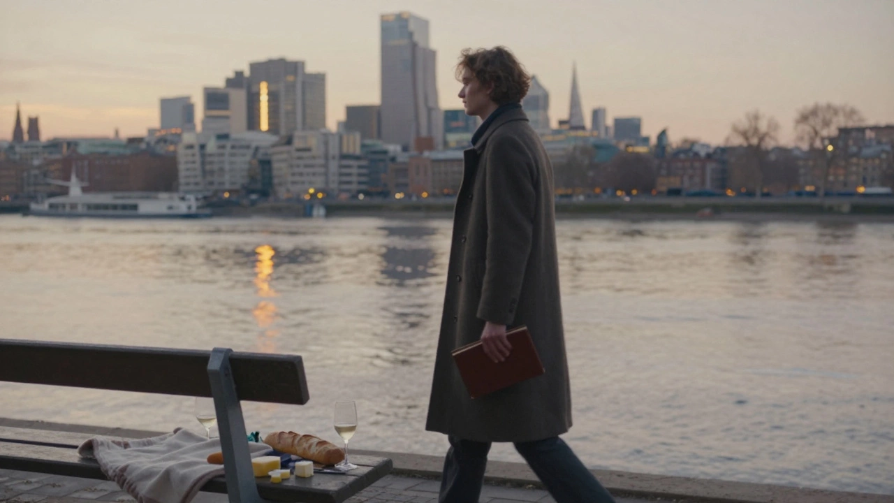 A woman walks along the Thames at sunset, holding a book, with a picnic set on the bench ahead.