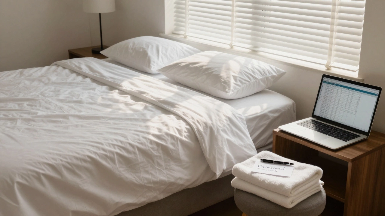 An empty, perfectly prepared bedroom at dawn with folded towels and a handwritten note, conveying quiet dedication.
