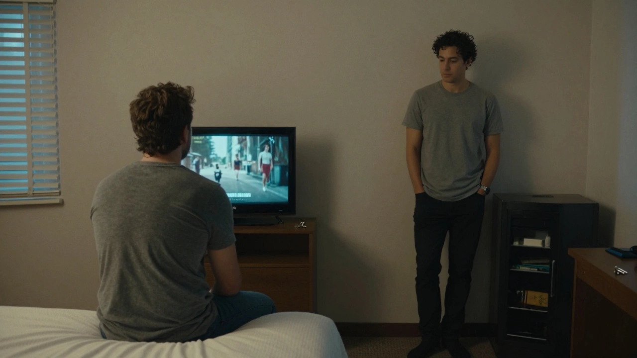 Two people in a quiet hotel room, one watching TV, the other near the minibar, no touch, just stillness and shared solitude.