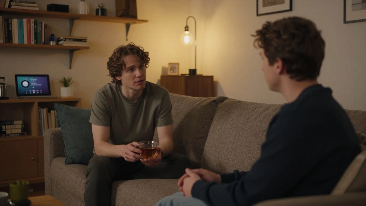 Two people sitting calmly on a couch, one holding tea, the other listening attentively in a peaceful, lived-in space.